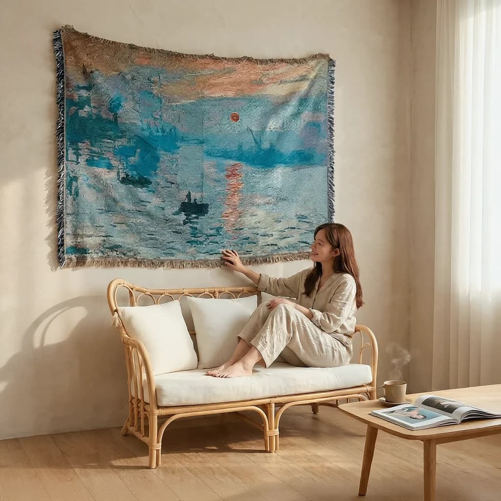 Teppe i oljemaleristil for sofa og veggdekor