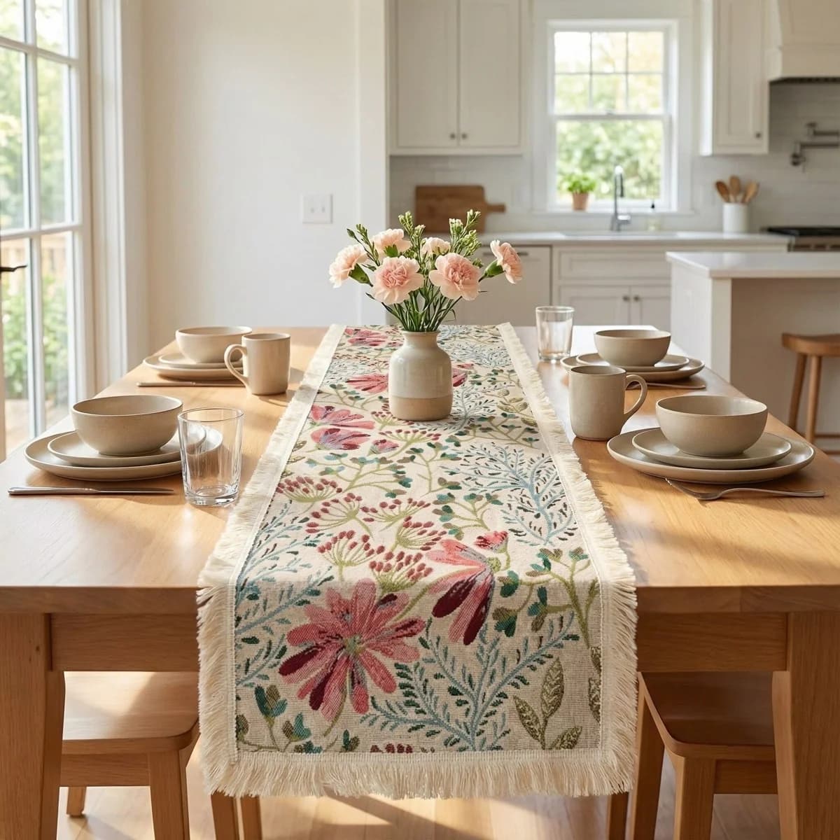 Jacquard-bordløper i bomullsblanding med blomstermønster til spisestuen