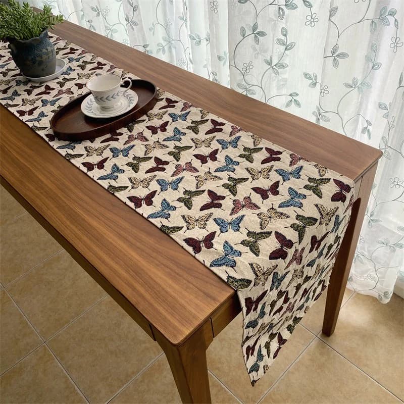 Jacquard bordløper, rustikk country-stil med blomster og sommerfugler