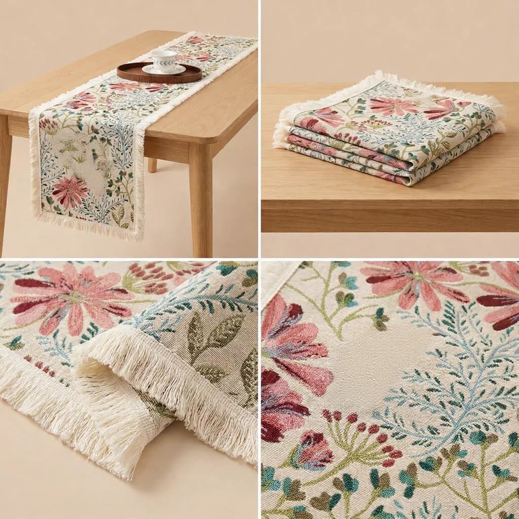 Jacquard-bordløper i bomullsblanding med blomstermønster til spisestuen