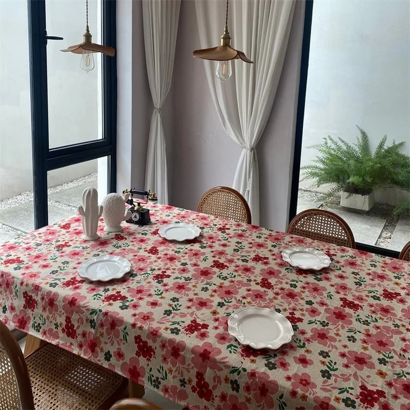 Rosa blomstret jacquard-bordduk i bomullsblanding, rektangulær