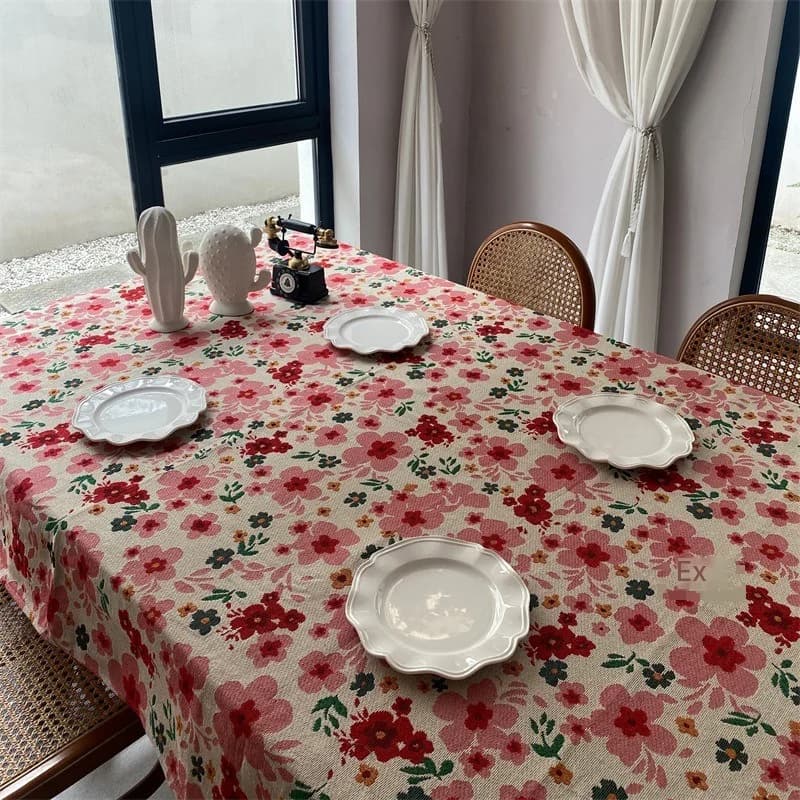Rosa blomstret jacquard-bordduk i bomullsblanding, rektangulær