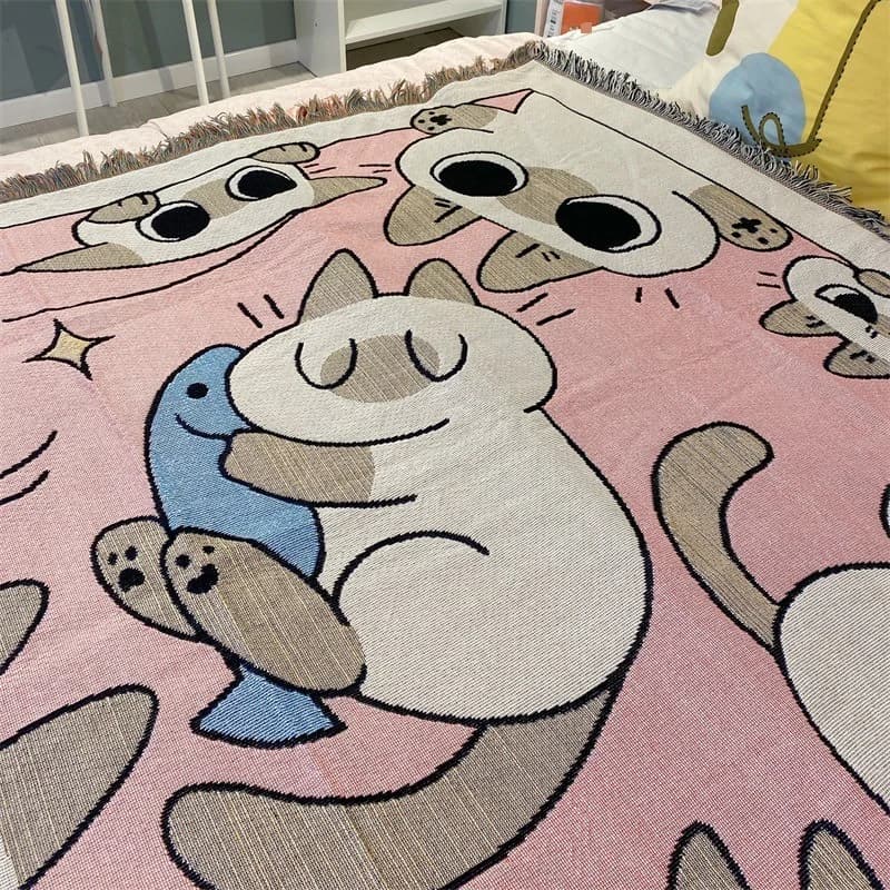 Rosa teppe med tegneseriekatt for énseters sofa