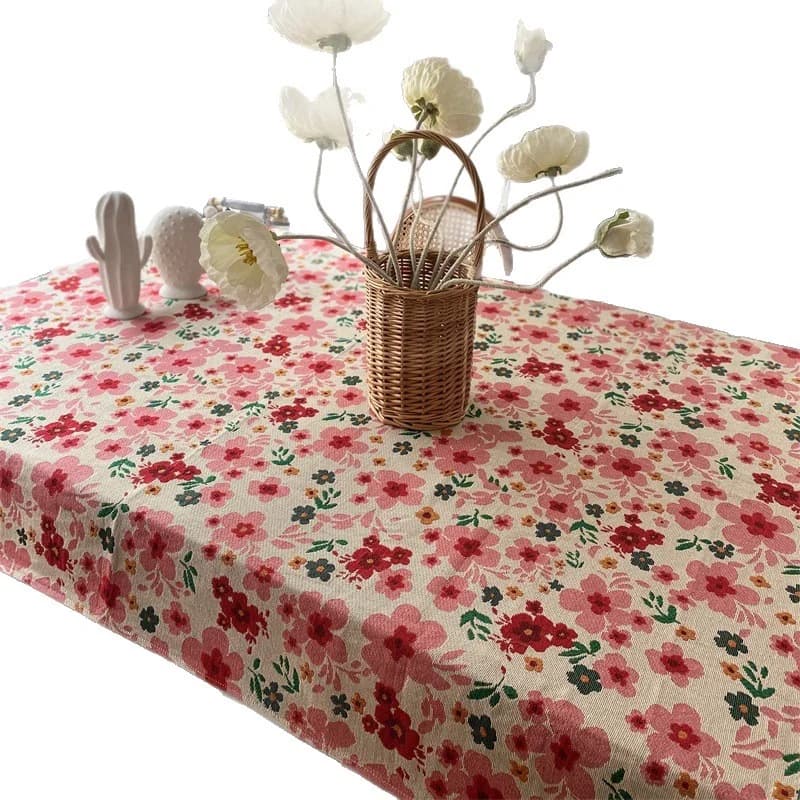 Rosa blomstret jacquard-bordduk i bomullsblanding, rektangulær